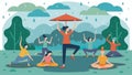 As rain sprinkles down a group of dedicated yogis continue their practice under a covered area in the park maintaining