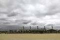 Beach pavilion 't "Centrum" in  the dunes of Katwijk aan Zee in heavy weather during a summerstorm. Royalty Free Stock Photo