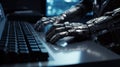 As the robotic hand swiftly types on the keyboard. AI Generative Royalty Free Stock Photo