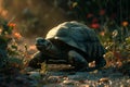 As shadows lengthen, a tortoise crawls home, embodying persistence against swift twilight