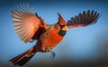 Male Northern cardinal gracefully flying in the blue sky generative AI.