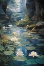 Enchanting Reflections: A Serene Summer Scene of Lilies, Waterfa