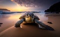 A sea turtle on the sandy beach in the morning generative AI