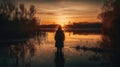 A person admiring a beautiful sunset over the lake created with Generative AI