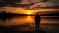 A person admiring a beautiful sunset over the lake created with Generative AI