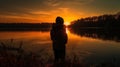 A person admiring a beautiful sunset over the lake created with Generative AI