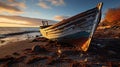 As the Sun Dips Below The Horizon Casting A Warm Glow Across The Beach An Abandoned Boat Sits Marooned On The Sand Background