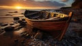 As the Sun Dips Below The Horizon Casting A Warm Glow Across The Beach An Abandoned Boat Sits Marooned On The Sand Background