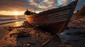 As the Sun Dips Below The Horizon Casting A Warm Glow Across The Beach An Abandoned Boat Sits Marooned On The Sand Background