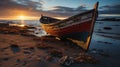 As the Sun Dips Below The Horizon Casting A Warm Glow Across The Beach An Abandoned Boat Sits Marooned On The Sand Background