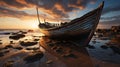 As the Sun Dips Below The Horizon Casting A Warm Glow Across The Beach An Abandoned Boat Sits Marooned On The Sand Background