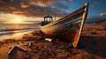 As the Sun Dips Below The Horizon Casting A Warm Glow Across The Beach An Abandoned Boat Sits Marooned On The Sand Background