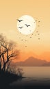 Silhouetted birds fly across a sunset sky, with trees and mountains in the background, evoking a sense of peace and the end of a Royalty Free Stock Photo