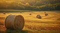 Harvested field with straw bales in the rays of the setting sun