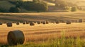 Harvested field with straw bales in the rays of the setting sun