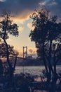 The glow of sunset on the July 15 Martyrs\' Bridge: A bridge between continents, Istanbul, Turkey