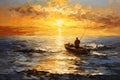 Golden Hour on the Ocean: A Majestic Painting of Bass Fishing at