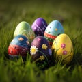 A collection of painted easter eggs celebrating a Happy Easter on a spring day with green grass meadow background with copy space Royalty Free Stock Photo