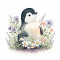 Cute Baby Penguin Floral, Spring Flowers, illustration ,clipart, isolated on white background