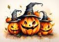 Enchanting Halloween: A Trio of Pumpkin Hats and Bewitching Fun Royalty Free Stock Photo