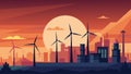 As the sun set on the horizon the turbines in the industrial district continued to churn their blades ting through the