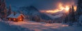 As the sun sets, the Alps are bathed in winter light, featuring an old mountain cabin Royalty Free Stock Photo