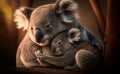 A koala bear hugging a cute baby on a branch in the sunset, generative AI