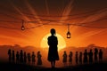 Silhouette of a woman in front of a group of people on a sunset background Ai generative