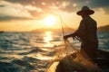Golden Hour Fishing.A Fisherman Retrieves His Net at Dusk on a Serene Lake Royalty Free Stock Photo