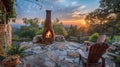As the sun sets the chiminea continues to illuminate the outdoor area with its radiant glow. 2d flat cartoon