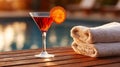 As the sun sets, a cocktail is relished by the pool, with a towel and sandals readily available Royalty Free Stock Photo
