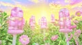 As the sun sets, glowing pink popsicles tower among pink and purple flowers, basking the scene in a magical, golden Royalty Free Stock Photo