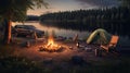 campfire and camping setup by a lake in the evening