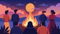 As the sun sets on the horizon a group of listeners gather around a bonfire their faces lit up by the fire as they hang Royalty Free Stock Photo