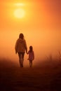 mother and child walking away silhouette. back view, rear view, full view. Royalty Free Stock Photo