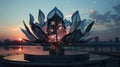 As the sun sets a large robotic flower slowly begins to bloom its petals gracefully unfolding and rotating in a