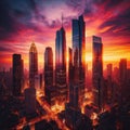 Sunset falls on major city, with skyscrapers, and the neon collides with the red colours of the sun