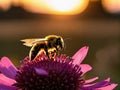 As the sun sets over the horizon, a lone bumblebee (extreme close-up) takes flight