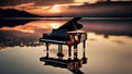 Piano sitting on a dock at the sunset. Generative AI. Beautiful scenery. Instrument