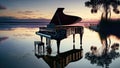 Piano sitting on a dock at the sunset. Generative AI. Beautiful scenery. Instrument