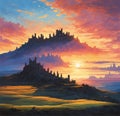 The castle\'s shape is shown against the sunset sky, casting long shadows with its spires and battlements.