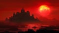 As the sun sets over the horizon the sky glows red as if on fire. In the distance the silhouette of a massive fortress