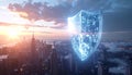 Cybersecurity Shield Protecting a Futuristic Metropolis Royalty Free Stock Photo