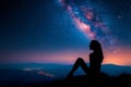 Contemplative woman seated on a hillside enjoying the celestial splendor of a starry sky