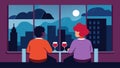 As a thunderstorm rages outside two friends sit by a window overlooking the city sipping on fullbodied red wine as they
