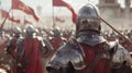 As the tournament announcers voice booms through the arena the backs of the knights facing the camera remain still and Royalty Free Stock Photo