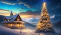 Snow blankets a village where Santa Claus will soon visit, highlighted by a New Year's fairy tale Christmas tree. Royalty Free Stock Photo