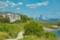 a recreational trail passes between condos and Lake Michigan in Milwaukee, WI