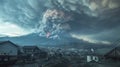 As a volcano erupts in the distance a nearby town is blanketed by a thick layer of ash and smoke