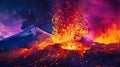 As the volcano erupts it paints the surrounding area in a fiery mix of red orange and purple shades